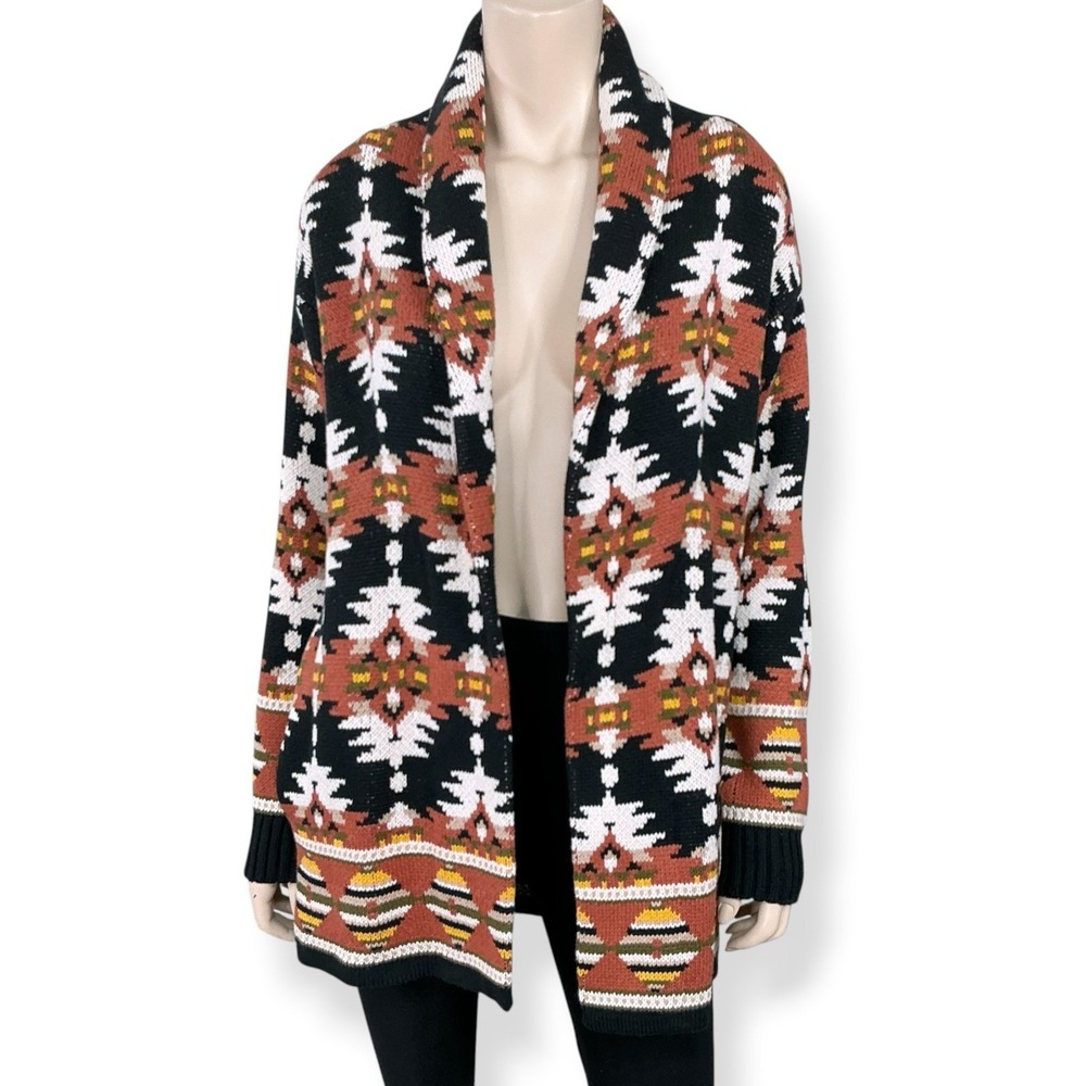 Lucky Brand Cardigan Women XS Black Orange Long Sleeve Chunky Longline NWT